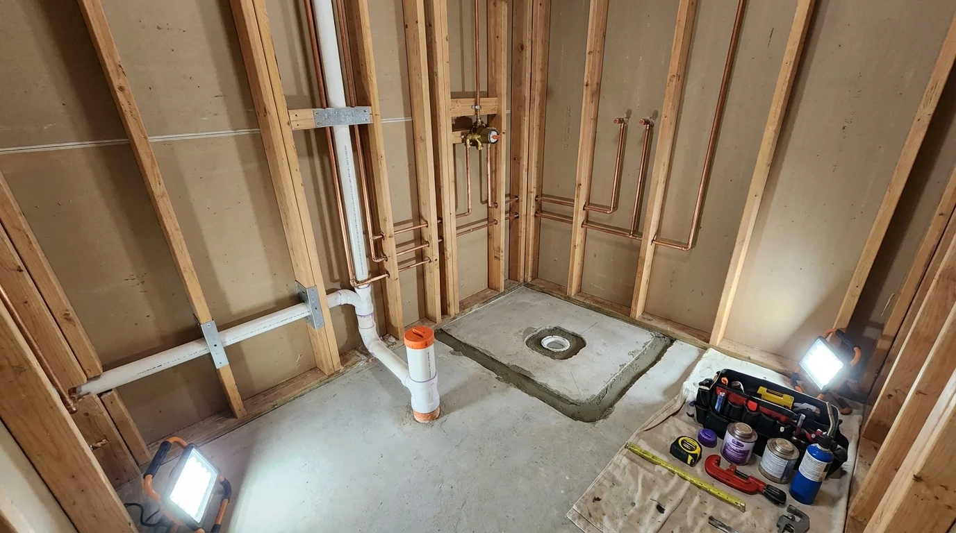 Bathroom rough-in plumbing during remodel by Johns Plumbing LLC in Orange