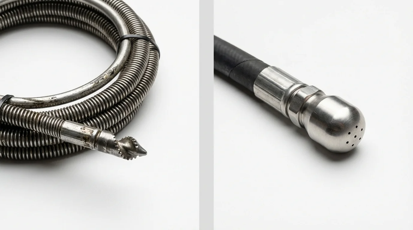 Drain snake cable and hydro jetting nozzle used for drain cleaning in Orange, TX