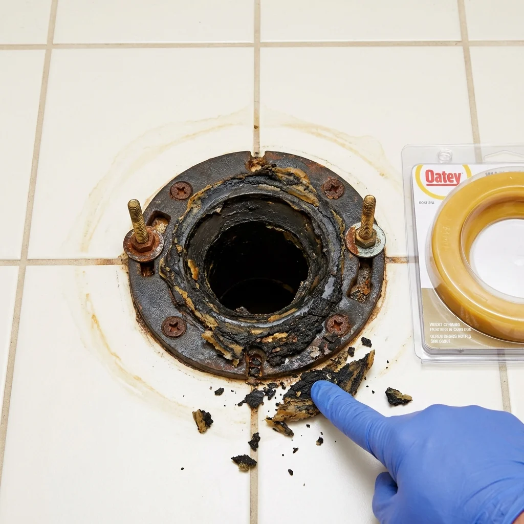 Failed wax ring showing water seepage at the base of a toilet in a Orange, TX home