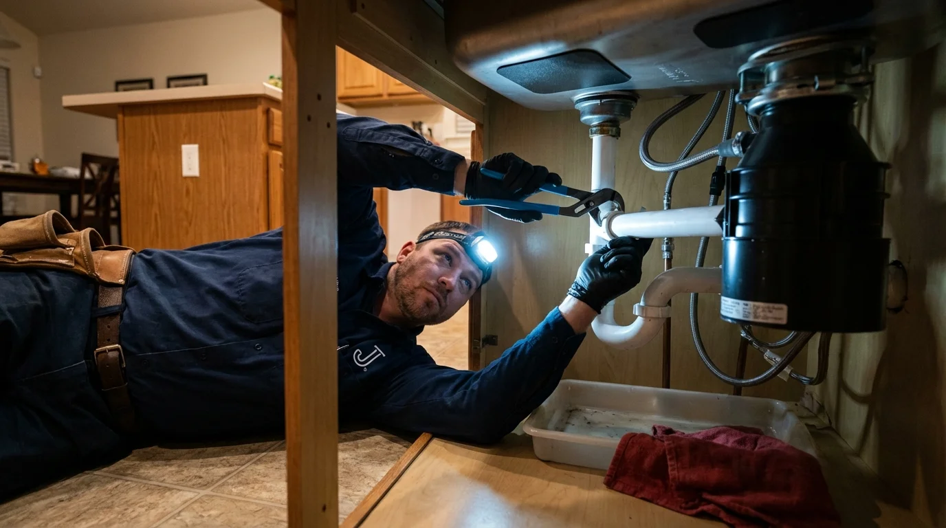 P-trap and supply line connections under a kitchen sink showing a common leak point in Orange, TX